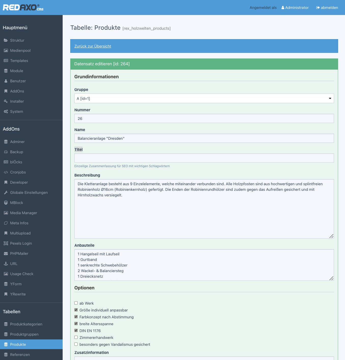 Datensatz für Online Produkte
